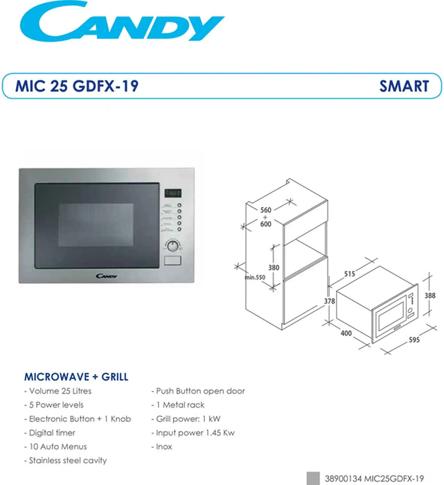 Candy MIC25GDFX-19 | Built-In Microwave with Grill 25L | Quartz Grill, 6 Functions