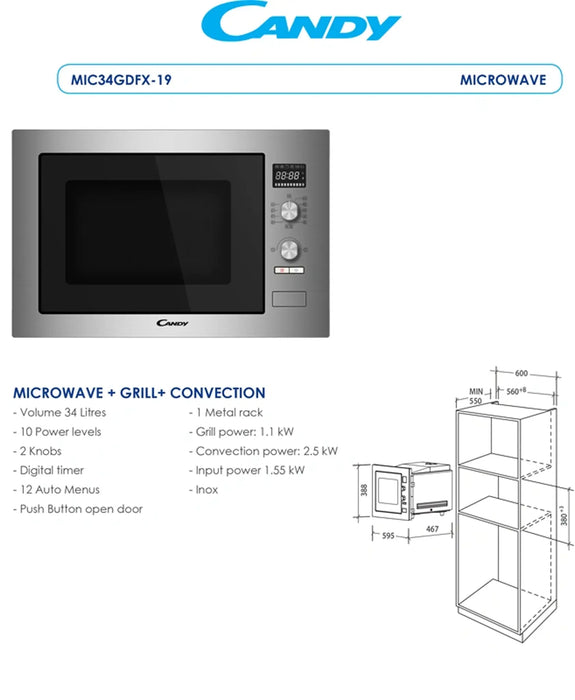 Candy MIC34GDFXKQ-19 | 34 lt Frameless Built In Microwave | Black | Made In China