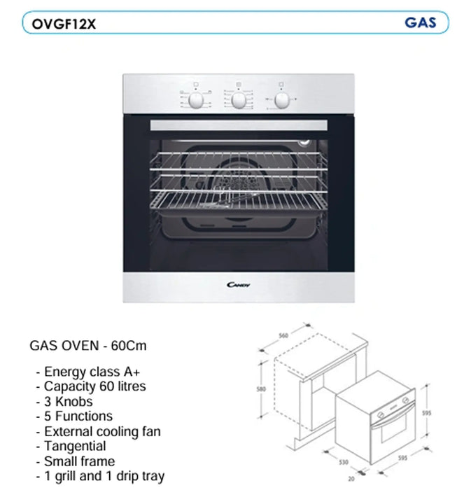 Candy OVGF12X | 60 CM Built-In Gas Oven | A+ Rated, 5 Functions | Inox