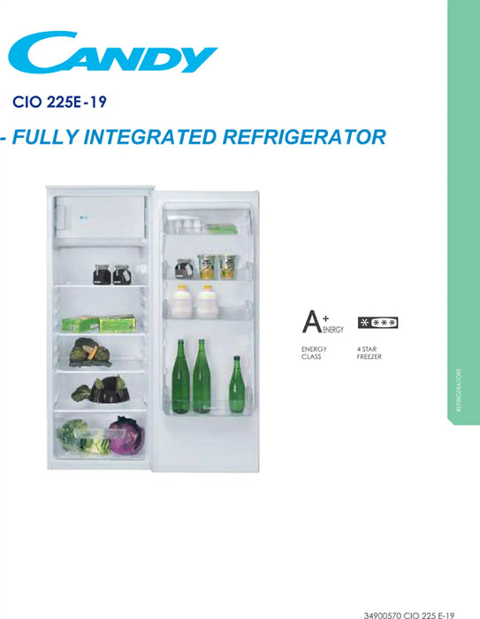 CANDY CIO225E-19 | 122 CM Tall Fully Integrated Built-In One-Door Fridge Freezer Refrigerator | 205L Capacity | 4 Star Rated | Auto Defrost on Fridge | Manual Defrost on Freezer | 1 Year Warranty & After Sale Service