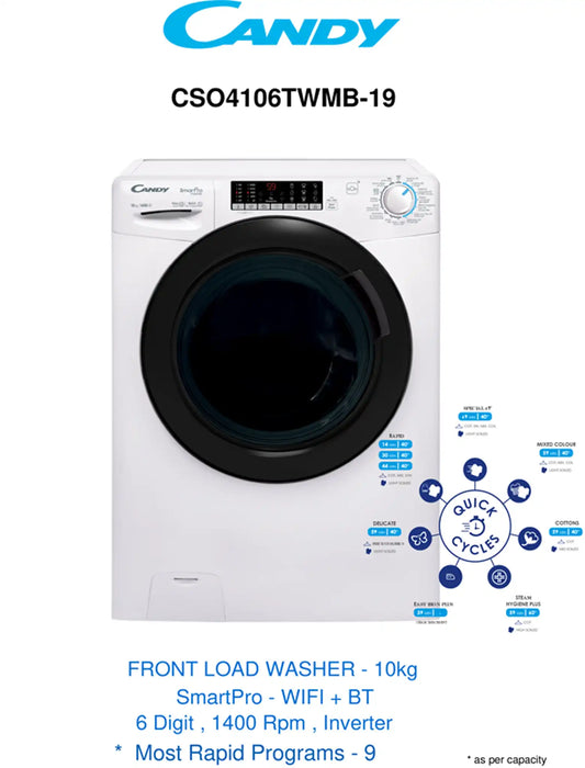 CANDY CSO4106TWMB-19 | 10KG Smart Pro Inverter Front loading washing machine | 1400 RPM, Steam Function | Freestanding | White