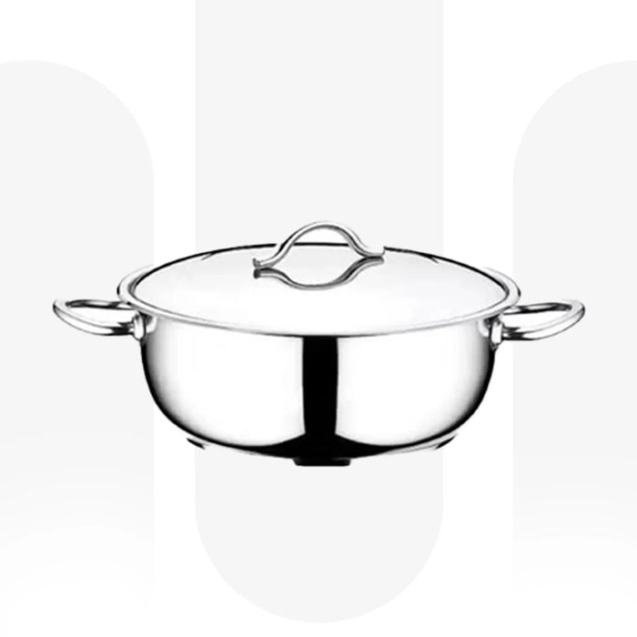 OMS 2006 | 30cm,7.10 lt Stainless Steel Shallow Pot with Glass Lid | Mirror Finish Cooking Casserole Pot | Made In Turkey