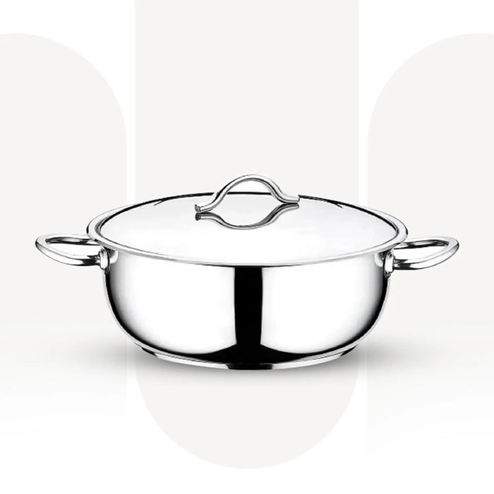 OMS 2006 | 34cm Stainless Steel Shallow Pot with Glass Lid | Mirror Finish Cooking Casserole Pot