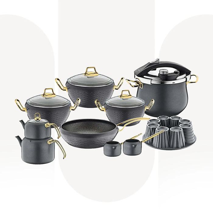 OMS 3519 | 16 Pcs Granitec Cookware Set UAE | Non-Stick Wedding Set | Anthracite | Made In Turkey