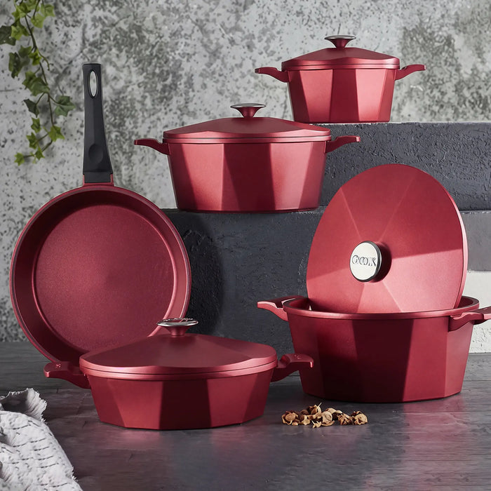 OMS 3527 | Dodeca 9 Pcs Set | Premium Non-Stick Cookware Set | Red | Made In Turkey
