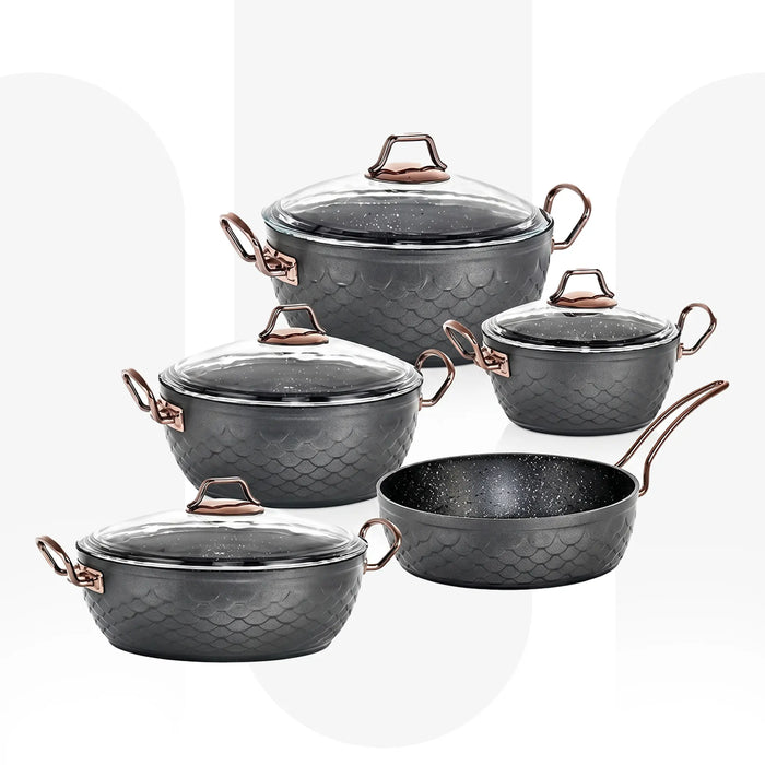 OMS 3543 | Mermaid 9 Pcs Granite Non-Stick Cookware Set | Made In Turkey