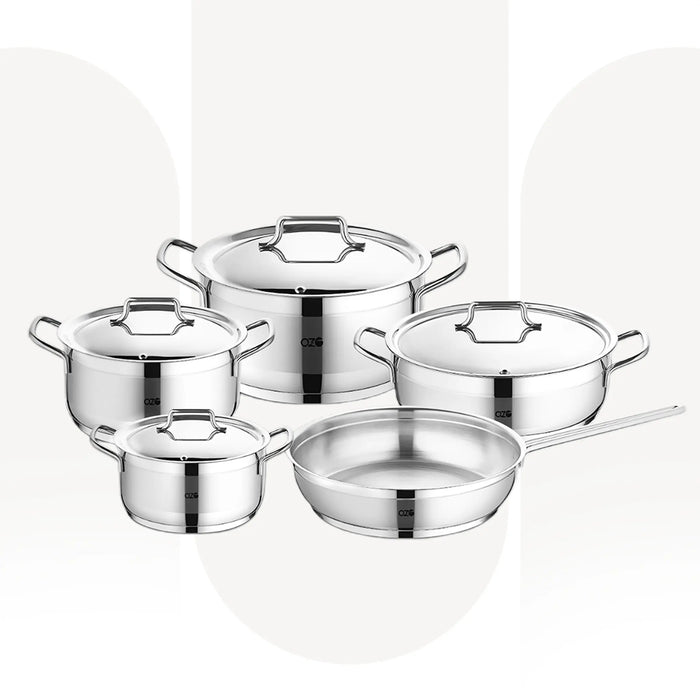 OZO 1144 | 9 Pcs Stainless Steel Cookware Set | Durable Induction Compatible Pots & Pans with Glass Lids