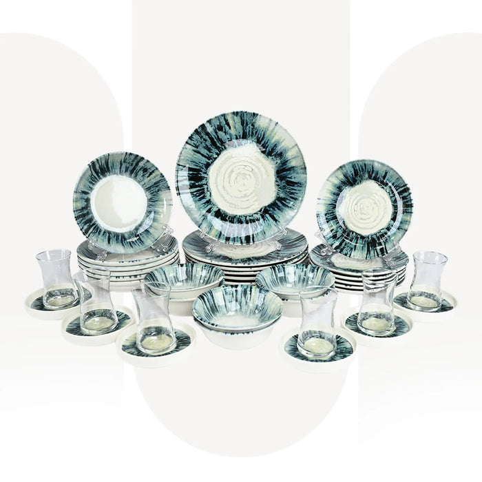 OZO 1201 | 36 Pcs Porcelain Dinner Set | Premium Turkish Dinner Set for 6 Persons with Tea Glasses & Saucers