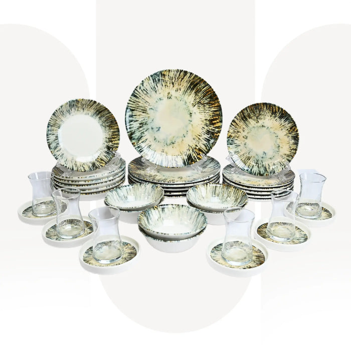 OZO 1202 | 36 Pcs Porcelain Dinner Set | Turkish Dinnerware Set for 6 with Tea Glasses & Saucers | Made in Turkey
