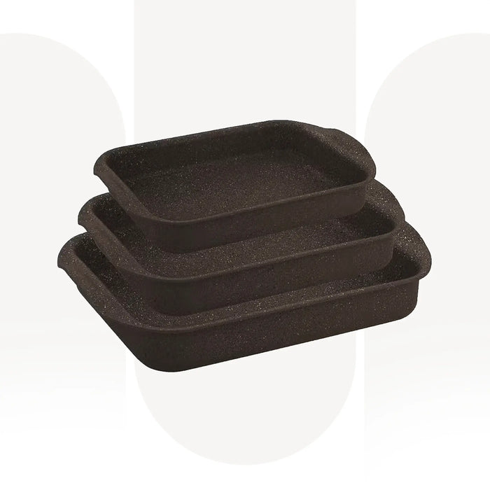 OZO 3931 | 3 PCS Granite Rectangular Baking Tray Set | Non-Stick Oven Safe Aluminum Bakeware | Black | Made in Turkey