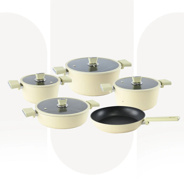 OZO 3933 | 9 Pcs Granitec Cookware Set | Oyster Beige | Non-Stick Granite Coated Pots & Pans with Glass Lids