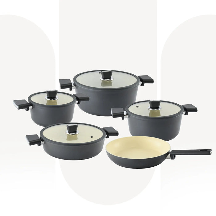 OZO 3933 | 9 Pcs Granitec Cookware Set | Oyster Carbon Black Non-Stick Cooking Pot & Fry Pan Set | Made in Turkey