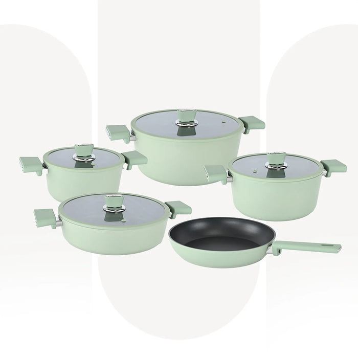 OZO 3933 | 9 Pcs Granitec Cookware Set | Oyster Soft Jade Green | Non-Stick Granite Coated Pots & Pans with Glass Lids