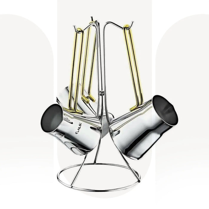 OZO 7034 | 3 Pcs Stainless Steel Turkish Coffee Pot Set with Stand | Golden Handle Set for Stovetop