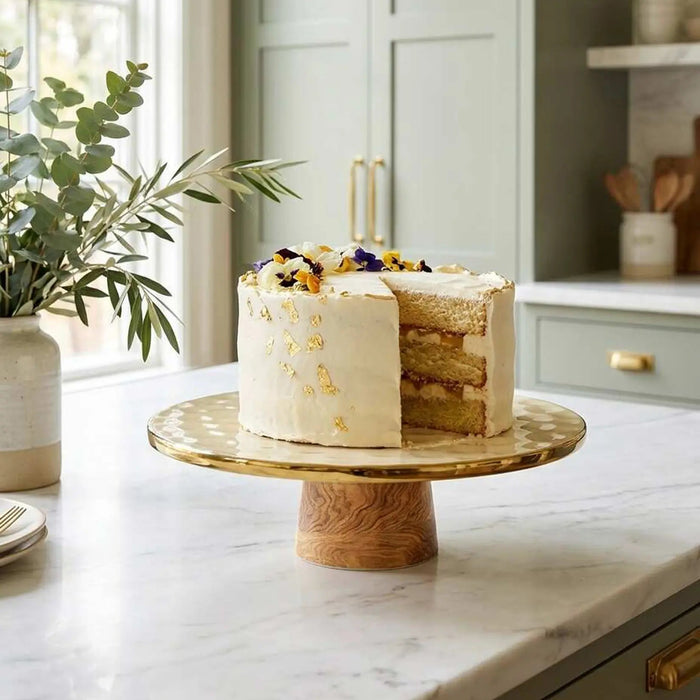 Naya Rustic Wood and Gold Cake Stand