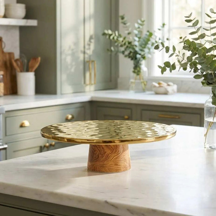Naya Rustic Wood and Gold Cake Stand