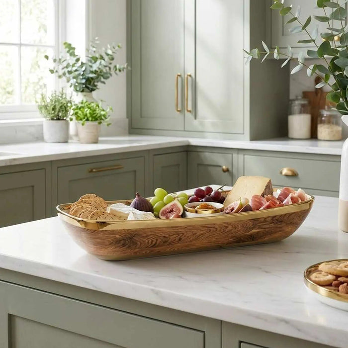 Naya Rustic Wood and Gold Tray