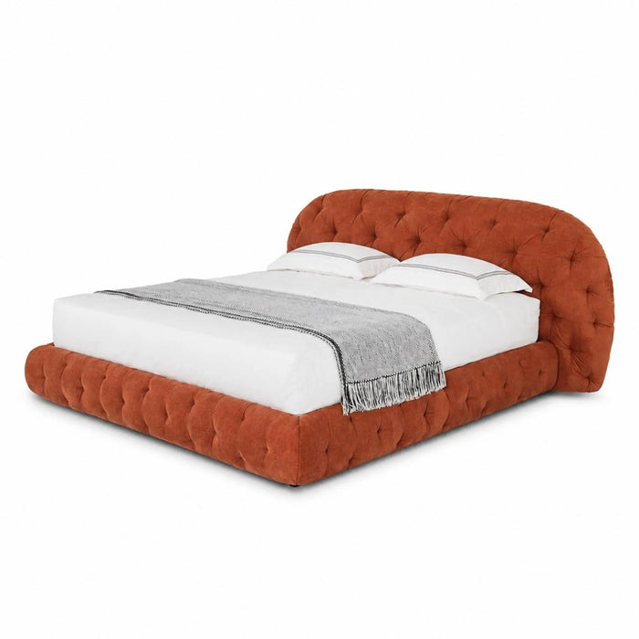 AURORA Luxury Upholstered Bed Frame with Curved Button-Tufted Headboard – Terracotta