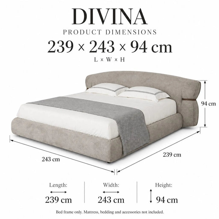 DIVINA Luxury Upholstered Bed Frame with Curved Winged Headboard – Warm Greige