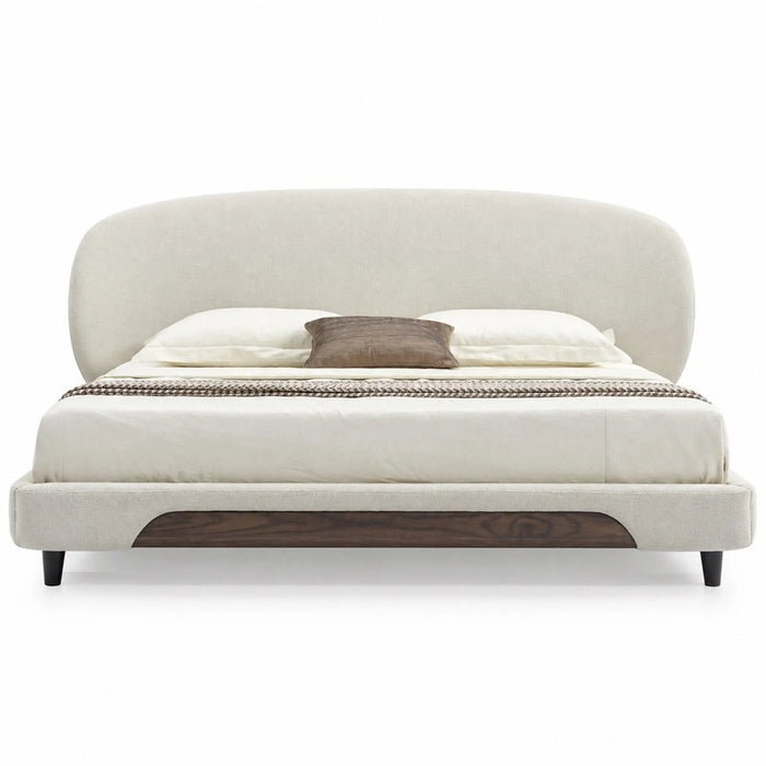 FARINI Luxury Upholstered Bed Frame with Curved Headboard & Wood-Grain Accents – Ivory