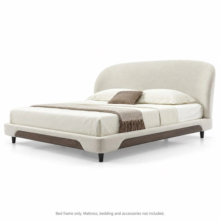FARINI Luxury Upholstered Bed Frame with Curved Headboard & Wood-Grain Accents – Ivory