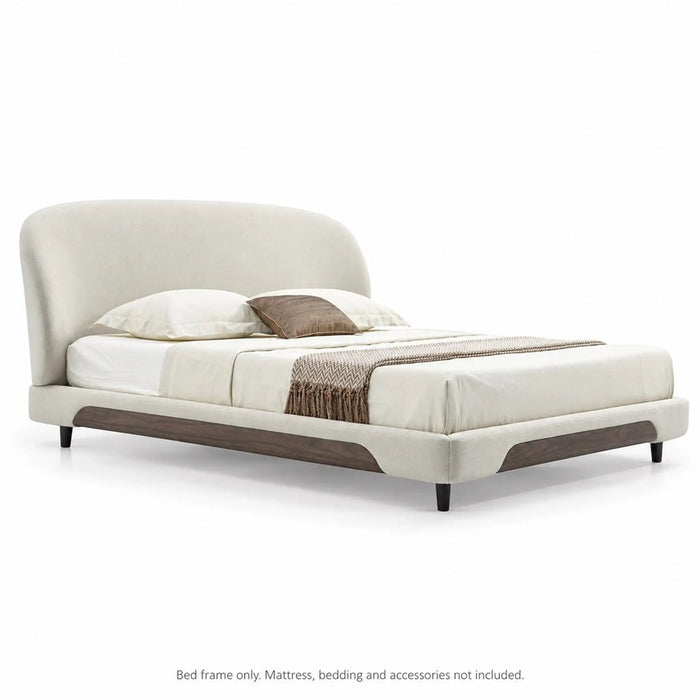 FARINI Luxury Upholstered Bed Frame with Curved Headboard & Wood-Grain Accents – Ivory