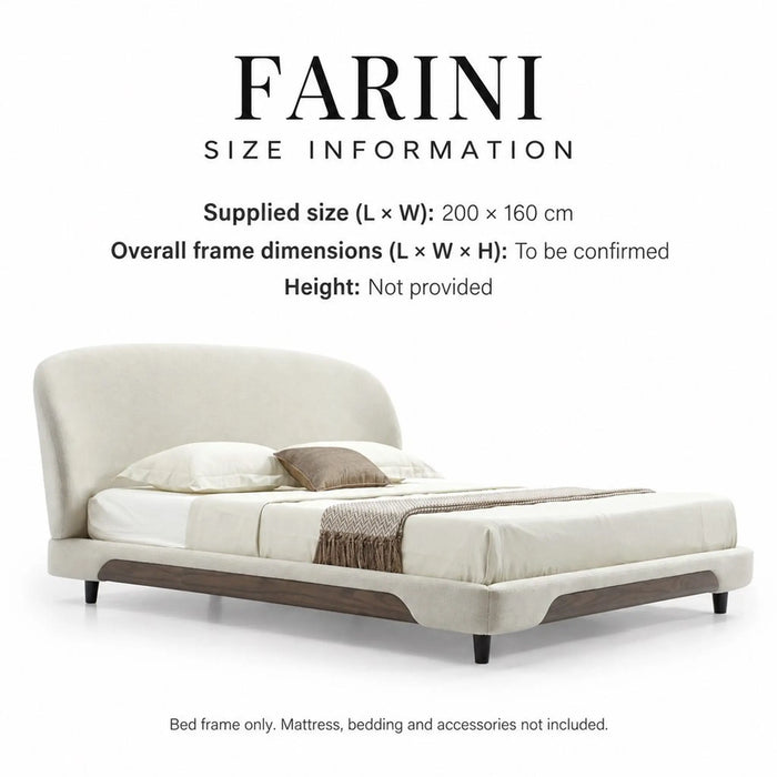 FARINI Luxury Upholstered Bed Frame with Curved Headboard & Wood-Grain Accents – Ivory