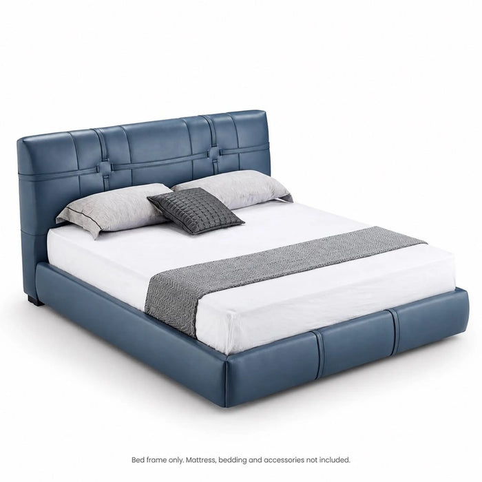 FAUNO Luxury Leather Upholstered Bed Frame with Statement Headboard – Slate Blue