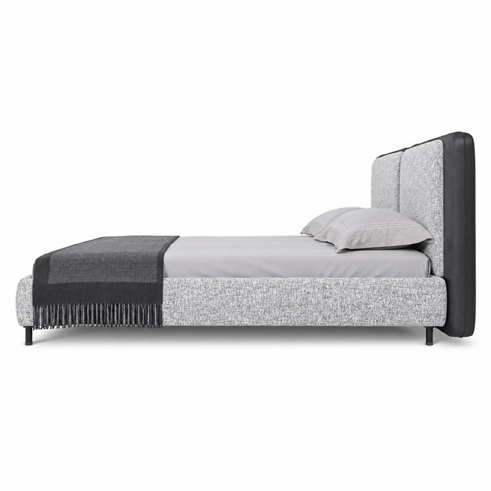 NATURA Luxury Upholstered Bed Frame with Statement Split-Panel Headboard – Light Grey & Charcoal