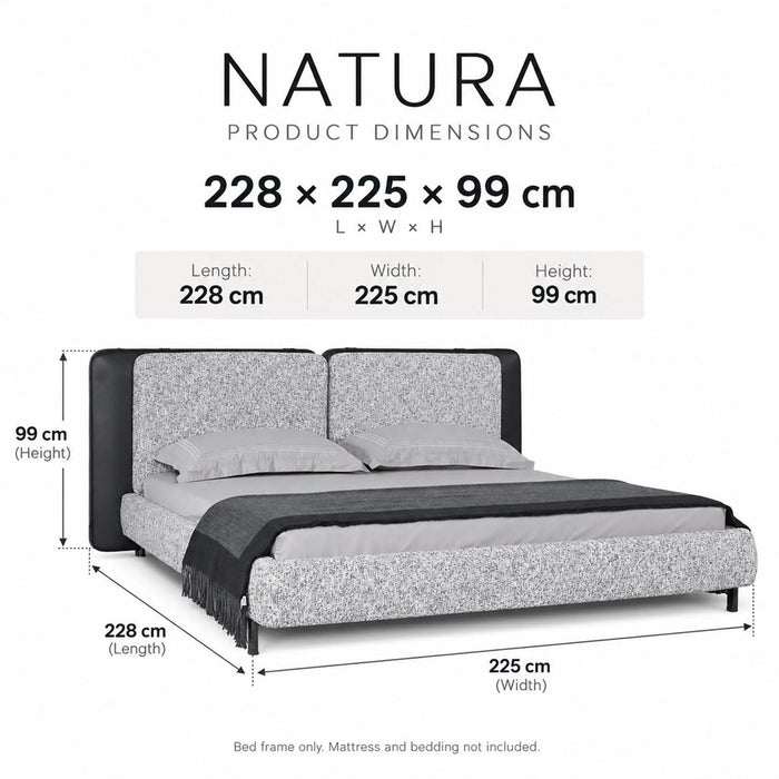 NATURA Luxury Upholstered Bed Frame with Statement Split-Panel Headboard – Light Grey & Charcoal