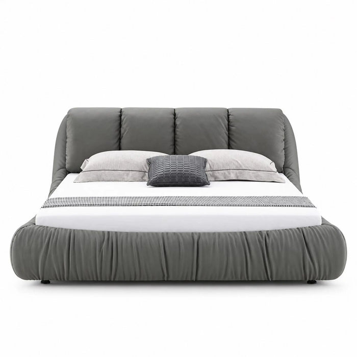 ORFEA Luxury Leather Upholstered Bed Frame with Curved Padded Headboard – Grey