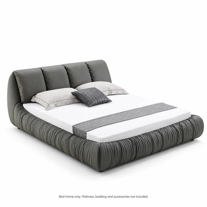ORFEA Luxury Leather Upholstered Bed Frame with Curved Padded Headboard – Grey