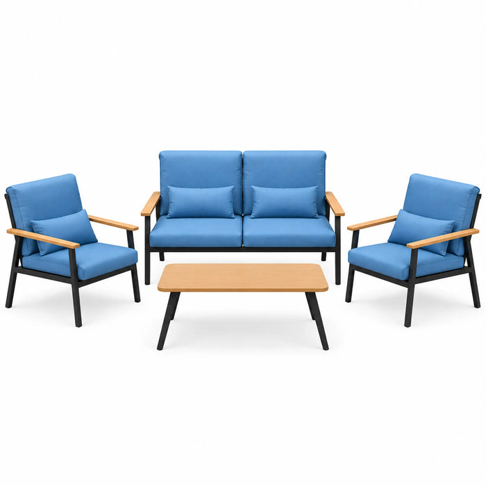 Blue 4-Piece Outdoor Lounge Set with Wood-Finish Accents