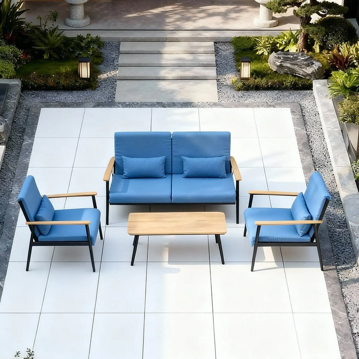 Blue 4-Piece Outdoor Lounge Set with Wood-Finish Accents