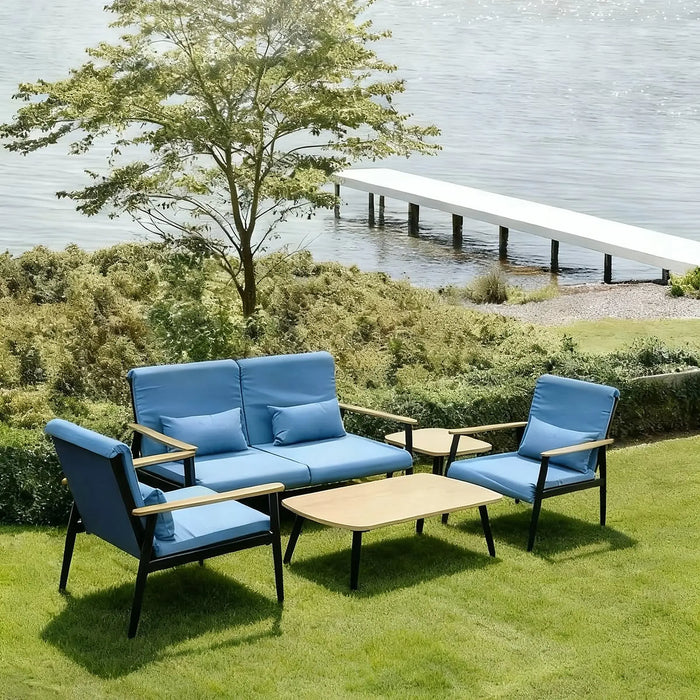 Blue 4-Piece Outdoor Lounge Set with Wood-Finish Accents