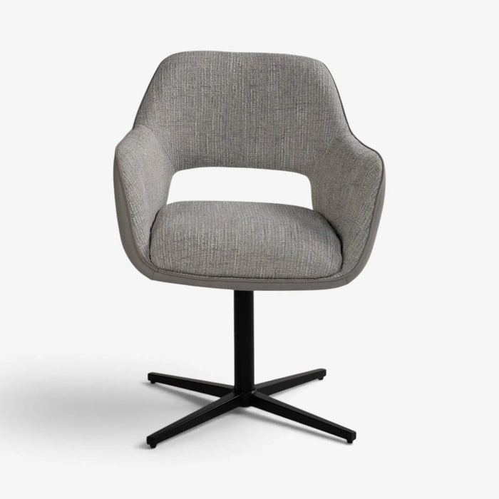 A modern gray upholstered swivel chair with a black four-star base, shown against a plain white studio background.