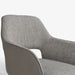 Close-up of a modern armchair upholstered in textured light gray fabric, showing the curved backrest and seat against a plain white background.