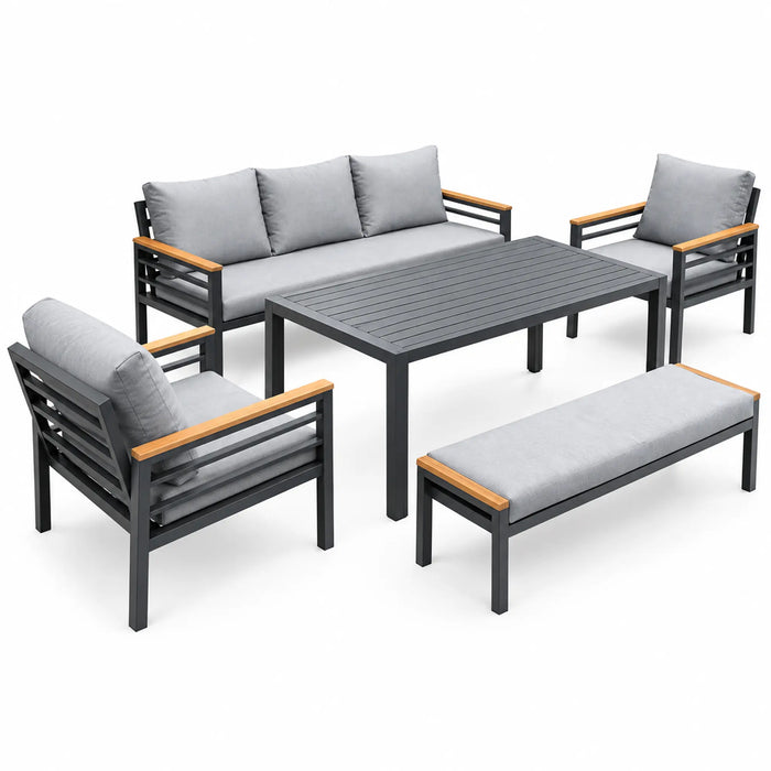 Charcoal 5-Piece Outdoor Sofa Set with Wood-Finish Accents