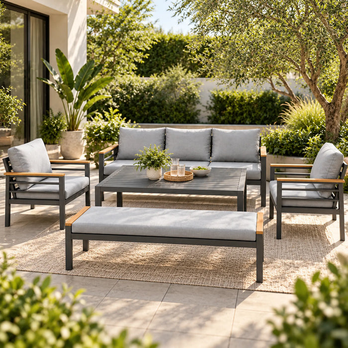 Charcoal 5-Piece Outdoor Sofa Set with Wood-Finish Accents