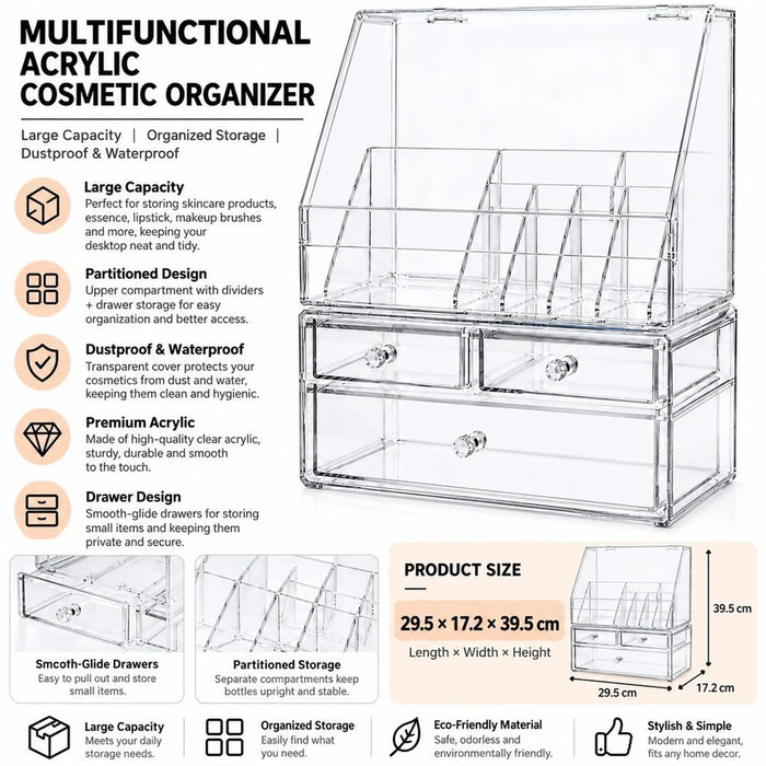Clear Acrylic Makeup Organiser, Multifunctional Cosmetic Storage Box with Drawers, Dustproof, 29.5 x 17.2 x 39.5 cm