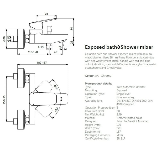 Is-Ceraflan Exposed Bath And Shower Mixer Chrome Bd256Aa