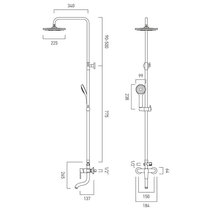 Vado Wall Mounted Manual Bath Shower Column With Bath Spout + Integrated Diverter