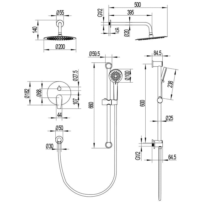Milano Luxe Bayz Two Way Concealed Bath Shower Mixer Complete Set Matt Black