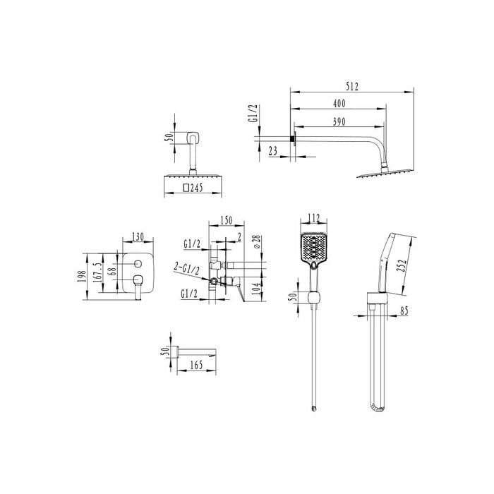 Milano Luxe Tide 3 Way Concealed Shower Mixer Complete Set Matt Black