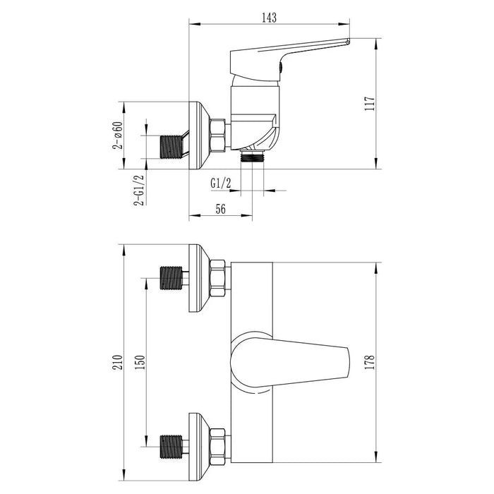 Milano Luxe Bayz Wall Shower Mixer Blk