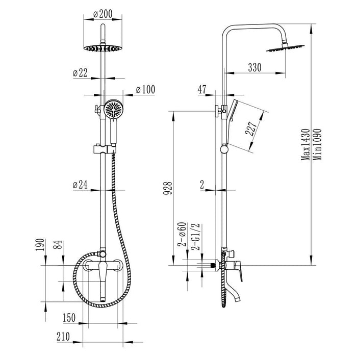 Milano Plus Bayz Plus Bath Shower Mixer Complete Set| Modern Wall-Mounted Bathroom Faucet with Hand Shower Durable Metal Construction & Matte Black Finish Black
