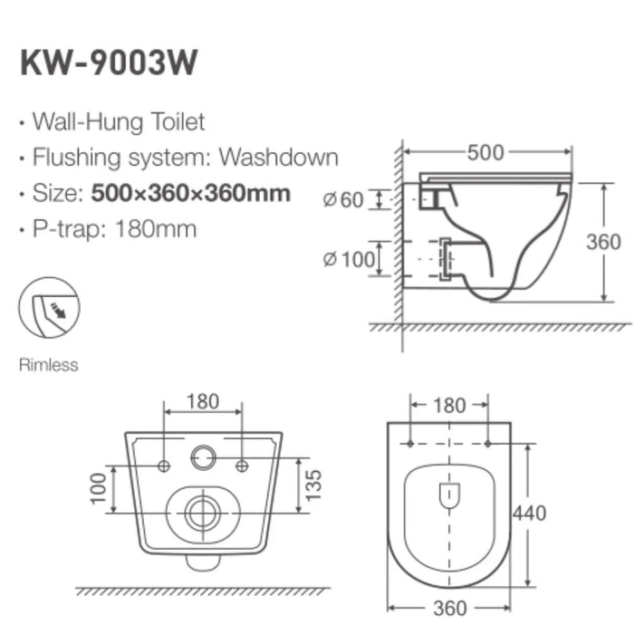 Milano Rimless Wc Wall Hung Model 99046-Made In China