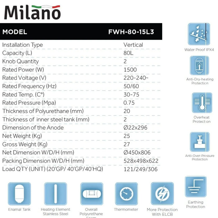 Milano Vertical Electric Water Heater-80 L
