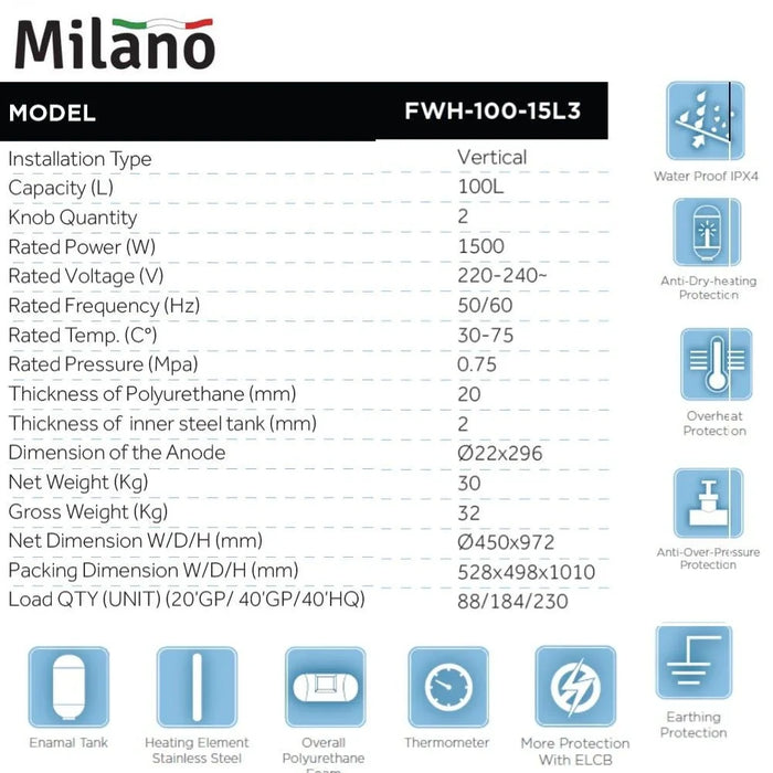 Milano Vertical Electric Water Heater-100 L