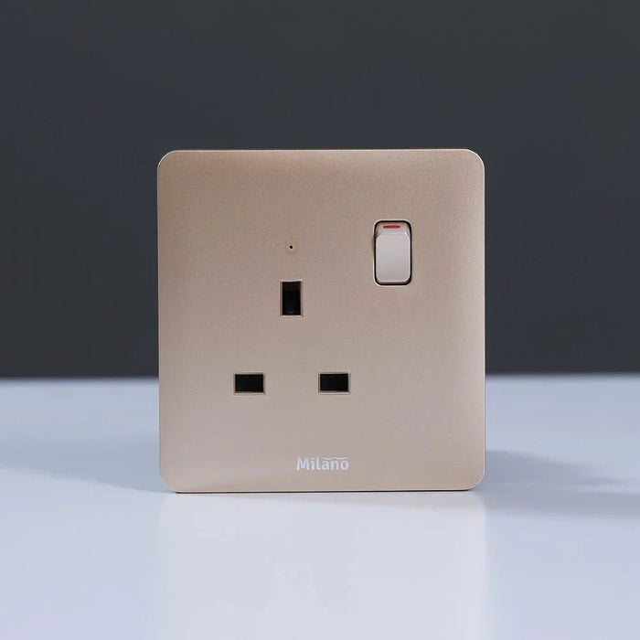 Milano 13A Single Switched Socket With Led Indicator-Gold